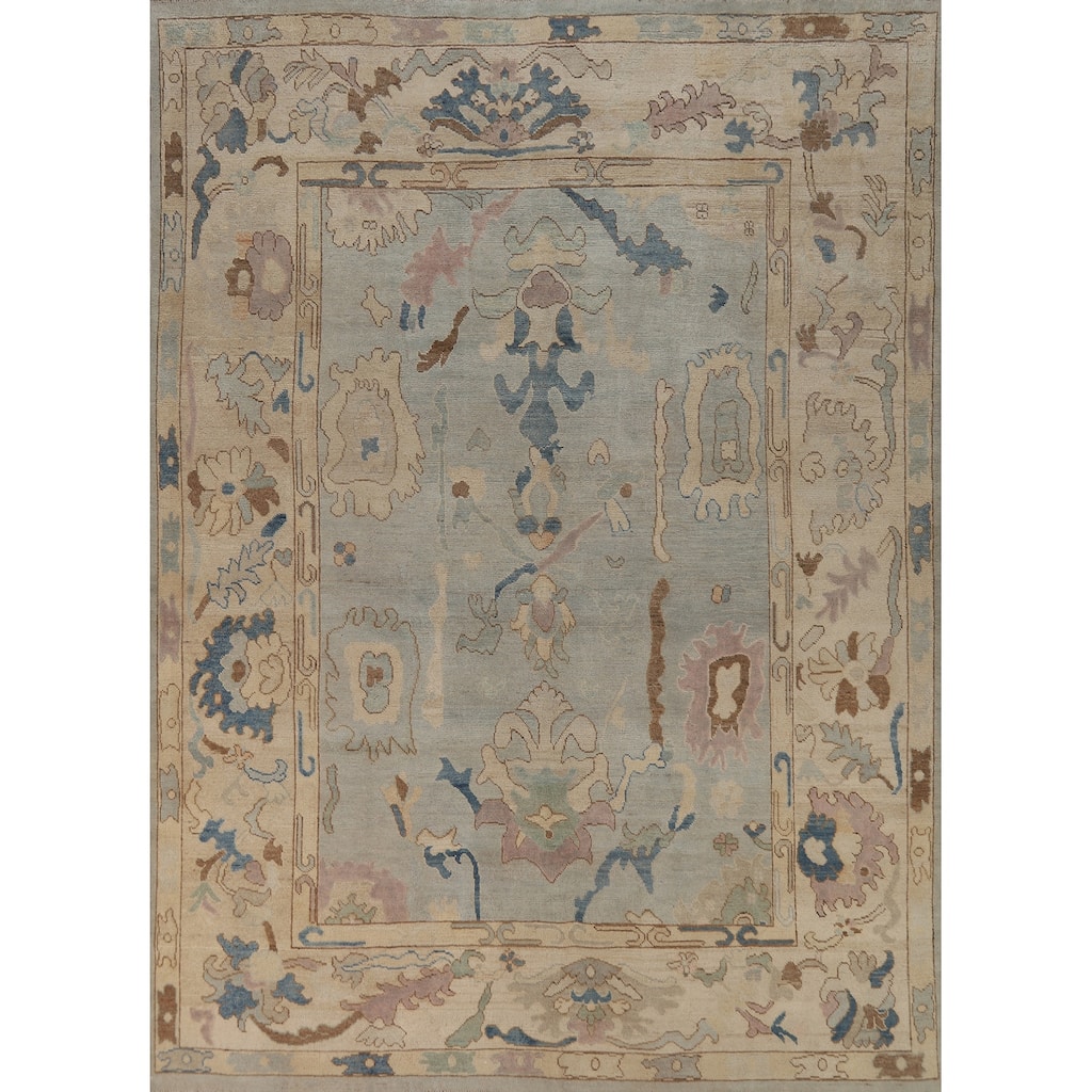 Geometric Oushak Turkish Area Rug Hand-Knotted Blue Wool Carpet - 7'9"x 10'0"