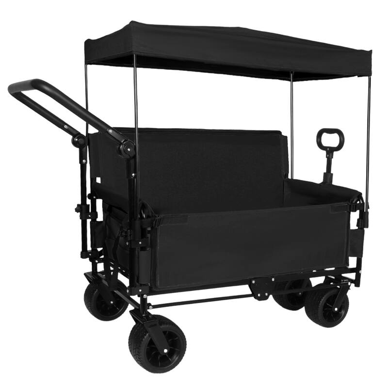 3-in-1 Folding Wagon Cart with Bench Seat & Canopy & Storage, 500lbs Heavy-Duty, 180L Capacity, All-Terrain Wagon - Black