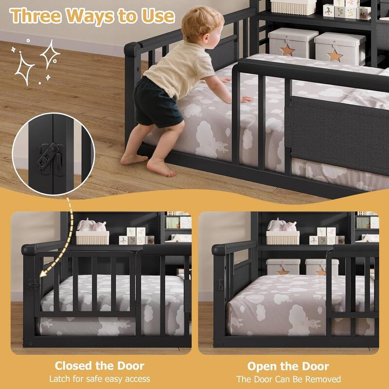 Twin Floor Bed for Kids with High Fence Door Storage Bookcase & Shelf