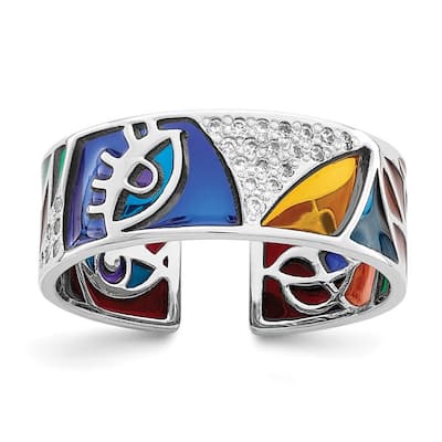 Curata 925 Sterling Silver Rhod Plated Abstract Evil Eye Enamel and CZ Cubic Zirconia Cuff Ring