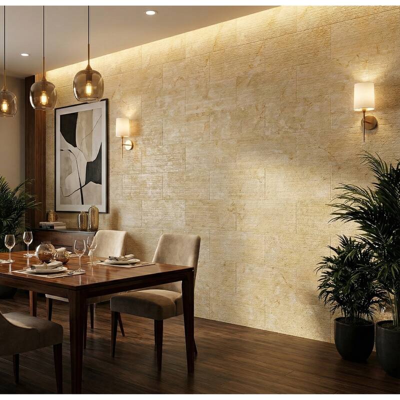 Roomfitters Natural Marble Tile, FS Textured 3D Fluted Stone for Wall, Genuine Marble, 4-Piece Box, Gold Yellow Beige