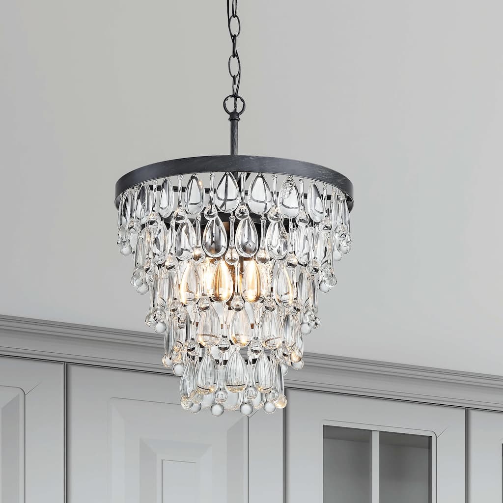 Viviana Antique Black 4-light Crystal Teardrop Round Chandelier - 14 inches in diameter x 19.5 inches H