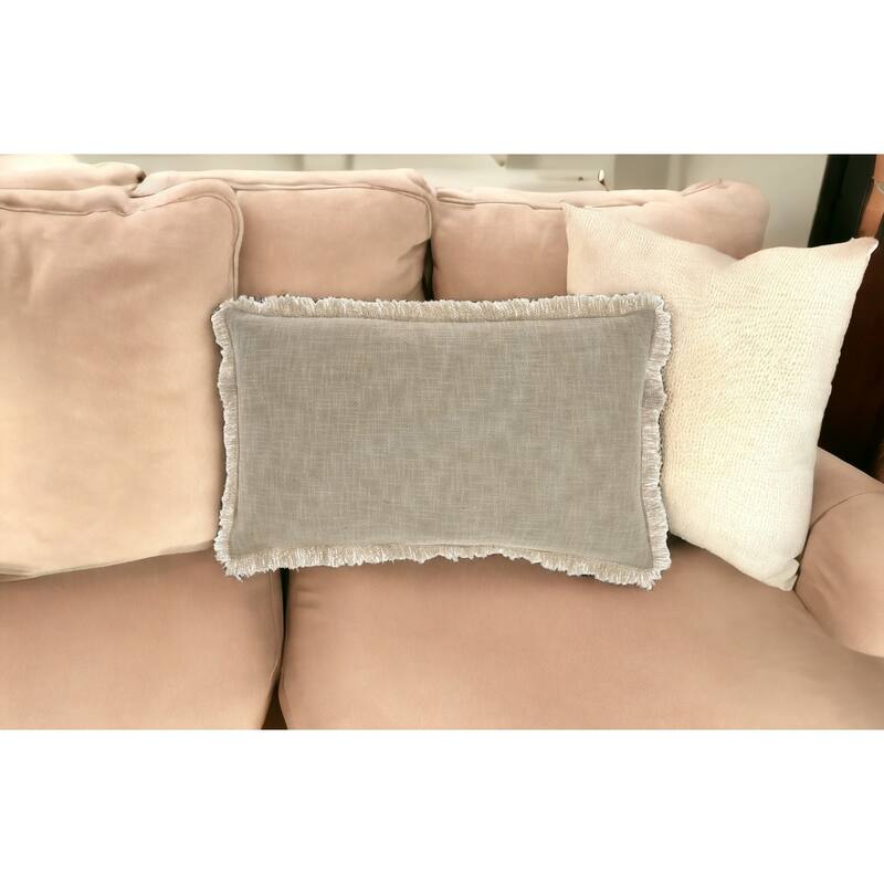 HomeRoots 24" X 14" Taupe Linen Cotton Zippered Pillow With Fringe