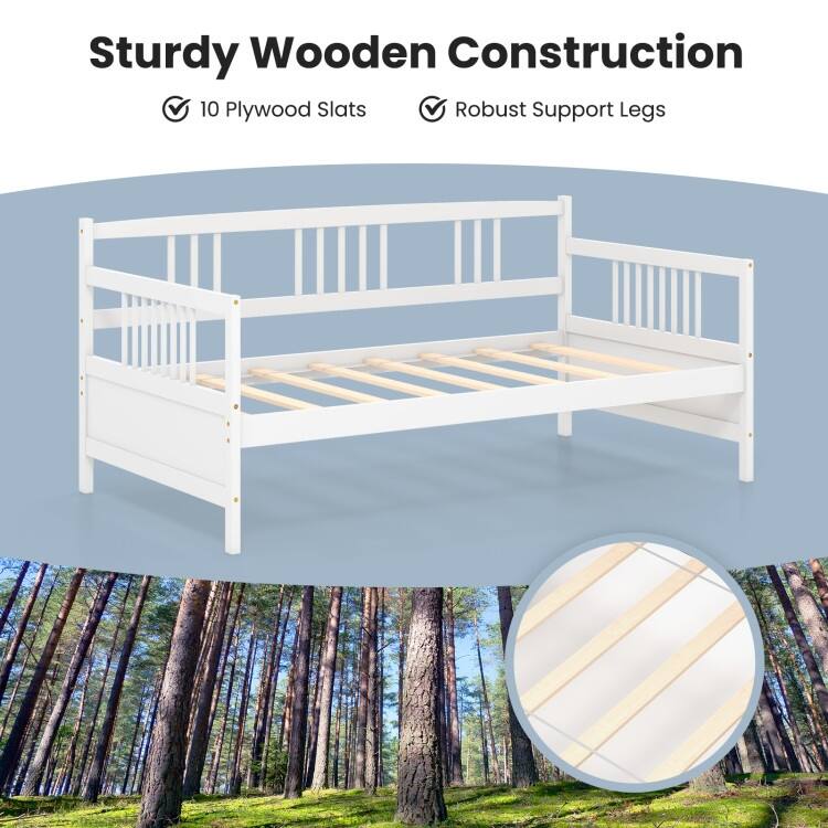 Twin Size Wooden Slats Daybed Bed with Rails-White