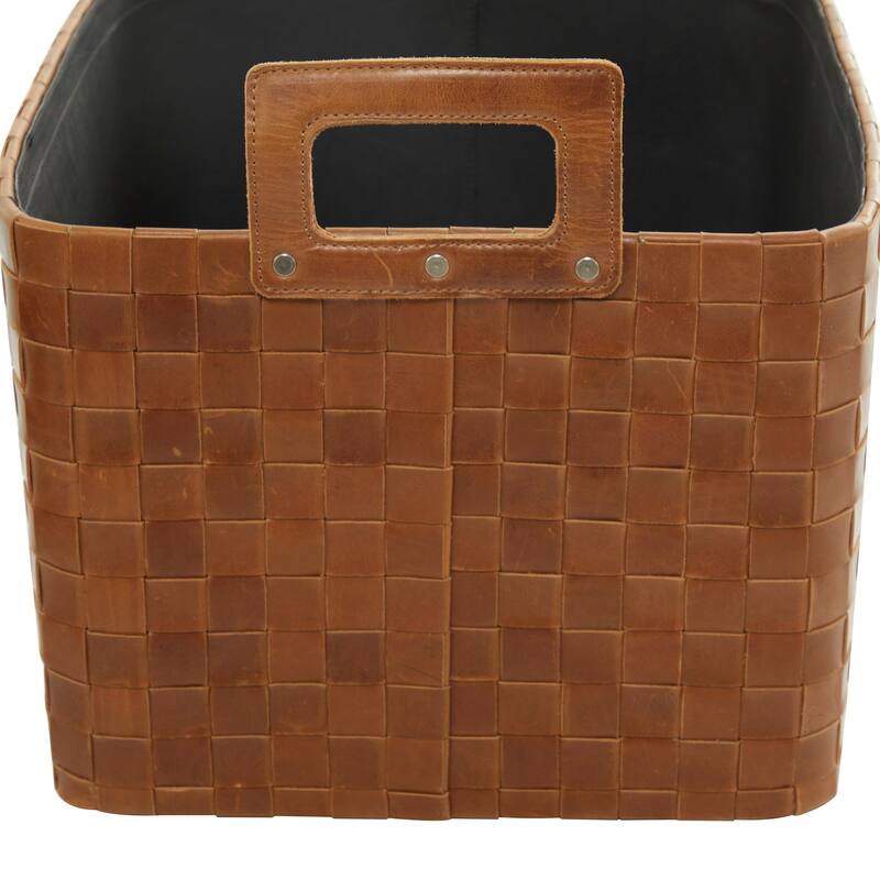 Sleek Leather Modern Storage Basket with Handles (Set of 2) - Dark Blue or Brown