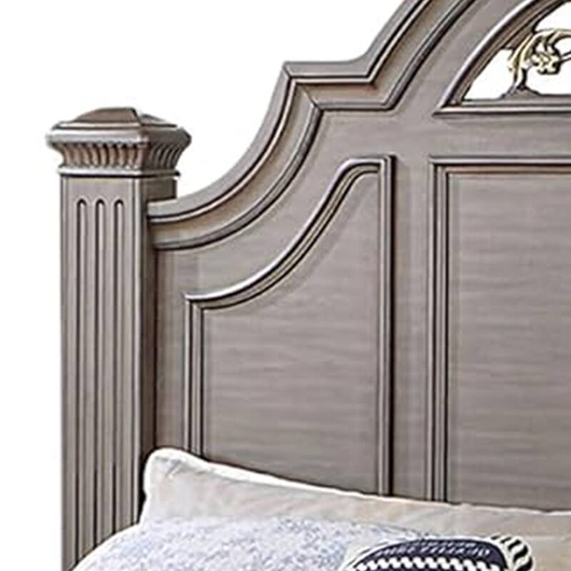 Recus King Bed, Carved Floral Details, Arched Headboard, Gray Wood