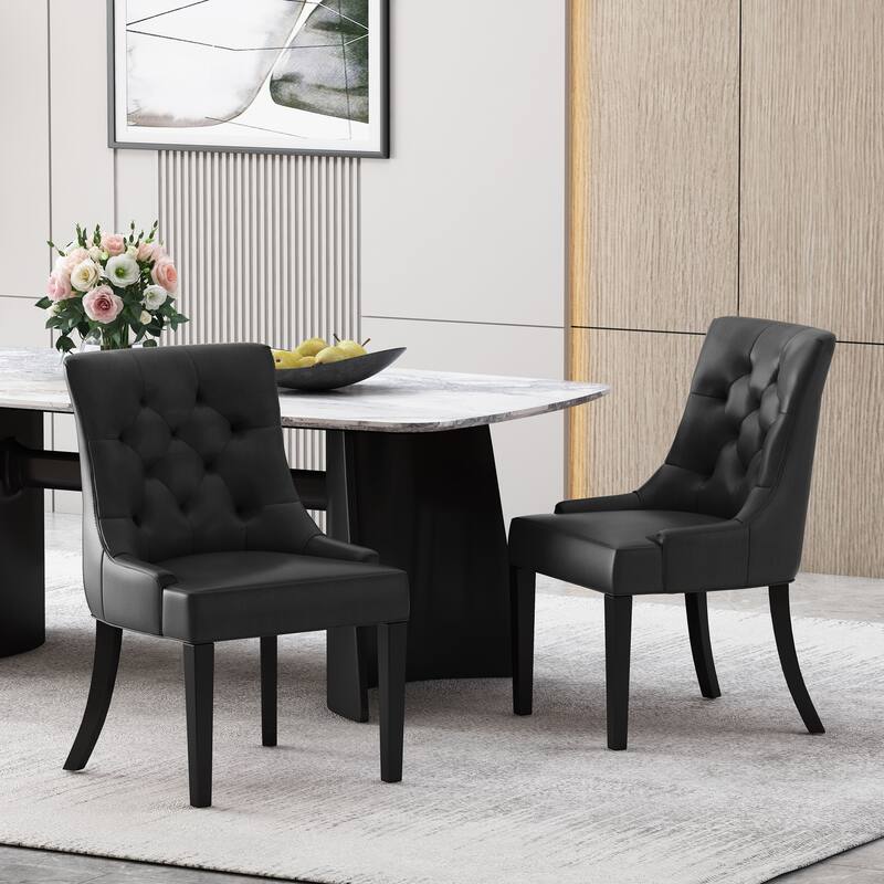 Dining Chairs Set of 2, Tufted Faux Leather Dining Room Chairs with Wood Legs, High-Backed Upholstered Chairs for Kitchen