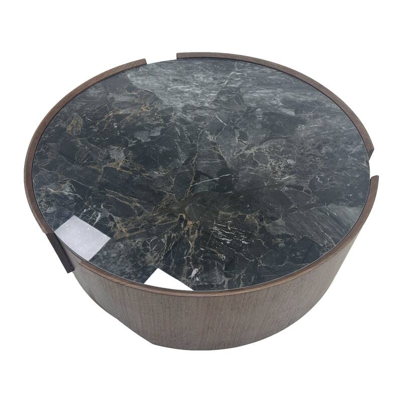 35.43" Modern Round Coffee Table, Dark Brown Solid wood, Glossy Faux Marble Table top, for Living Room