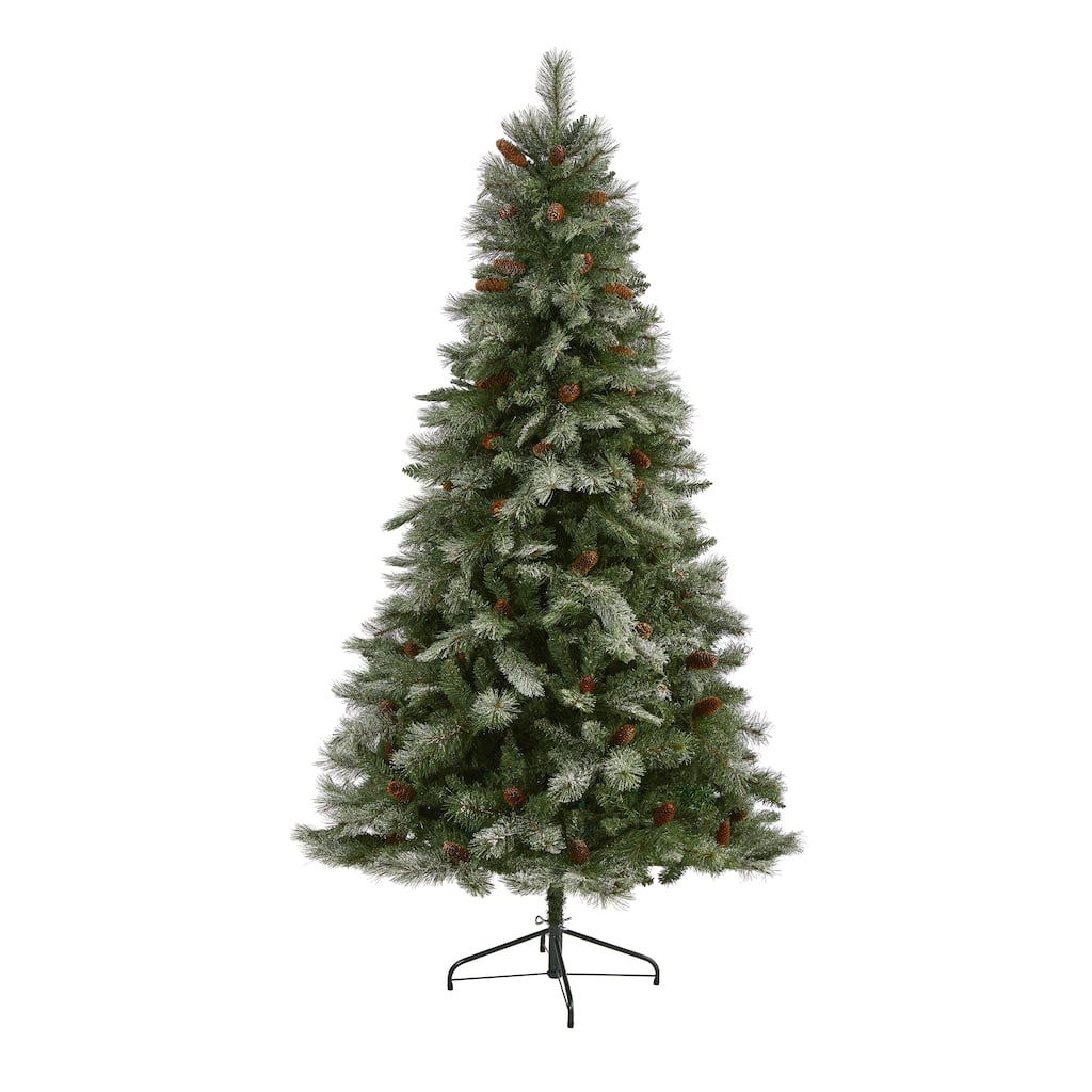 7’ Snowed French Pine Artificial Christmas Tree with Pinecones, Unlit - 7 Foot