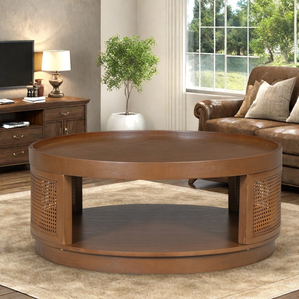 36.8" Solid Wood Round Coffee Table with Storage Shelf and PE Rattan Sides
