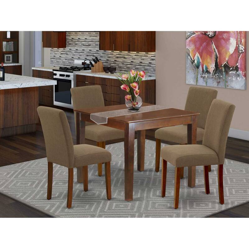 City Sleek 5Pc Square Dining Set - 36 Inch Table & 4 Parson Chairs - Linen Fabric & Mahogany Legs