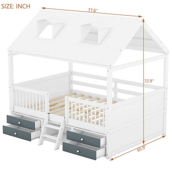 Full Size Wood House Bed with Roof and Drawers