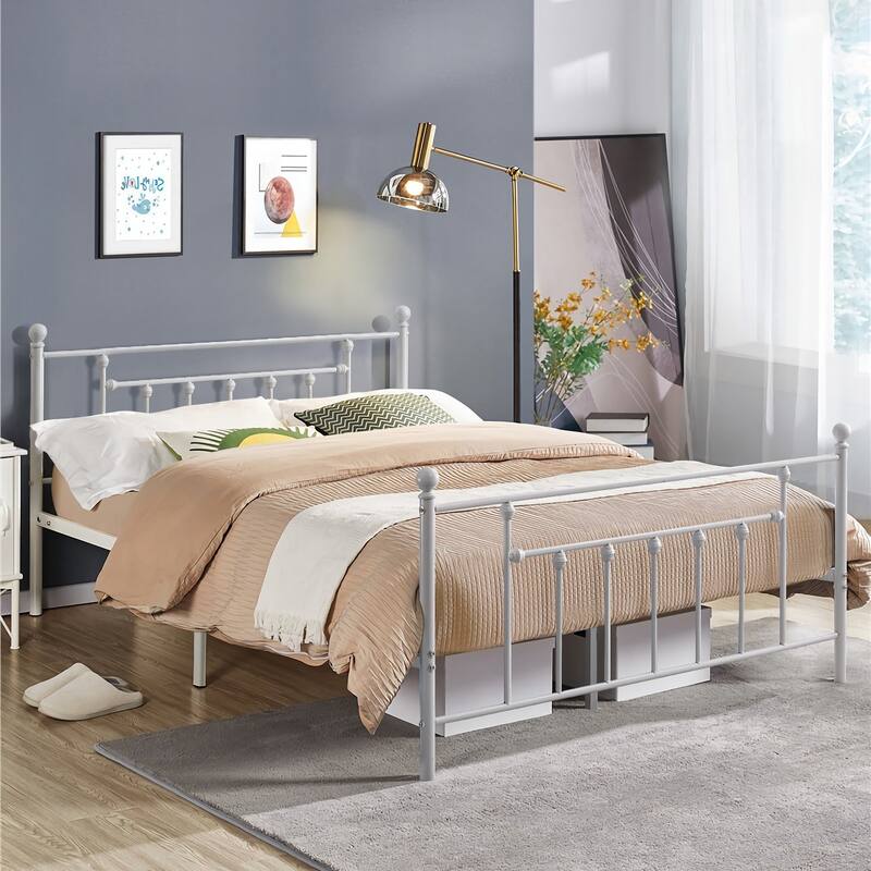 VECELOWhite Modern Bed Frame with Headboard and Footboard Sturdy Slat Support 12.6" Under-Bed Storage Space No box spring needed