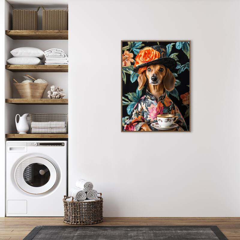 Tea Time Dachshund by Mowzu Framed Canvas Wall Art