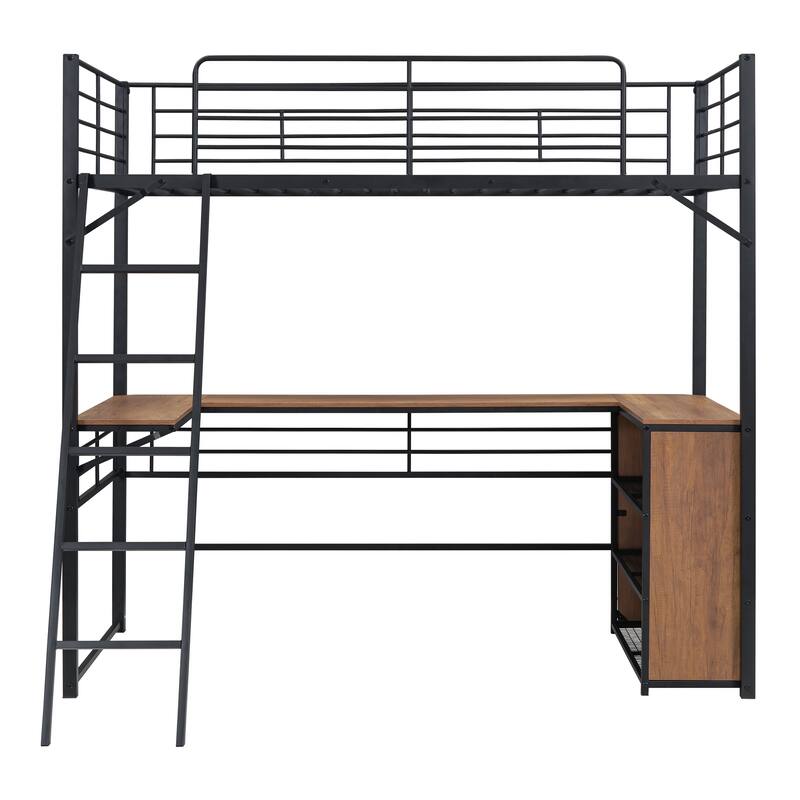 Metal Loft Bed with 3-Layer Shelves & L-Shaped Desk