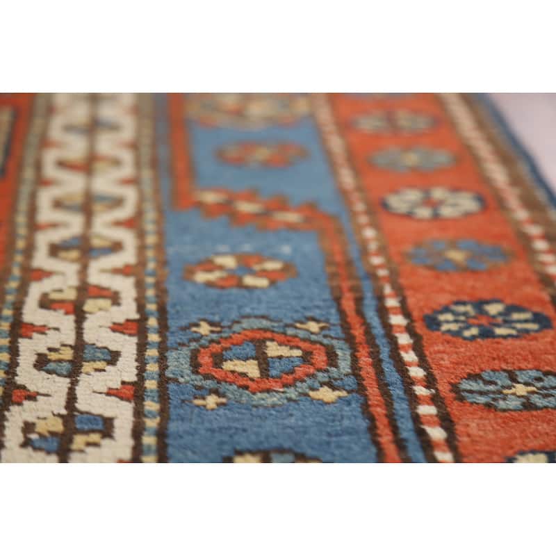 Hand Knotted Oriental 100% Wool Carpet Traditional Geometric Oranges & Rust Heriz (serapi) Runner Rug - 12' 7'' X 2' 10''