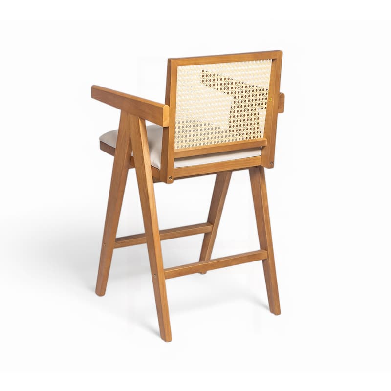 Mid-Century Modern Cane Plastic Backrest Bar Stool, Fabric Upholstered Dining Chair with Rubberwood Frame, Set of 2