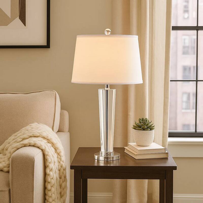 27 Inch Table Lamp with Glass Stand, Empire Shade, Metal, Clear Finish