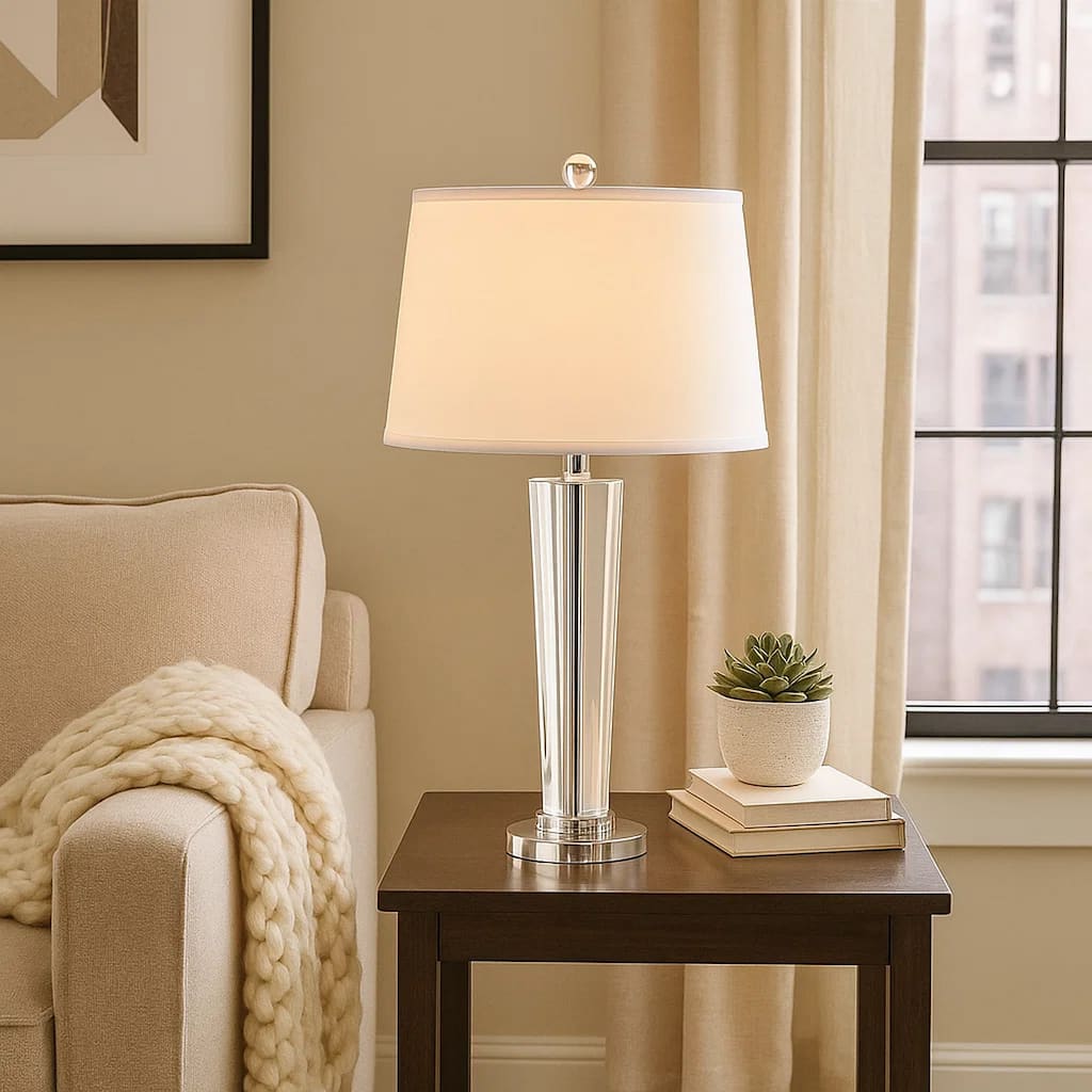 27 Inch Table Lamp with Glass Stand, Empire Shade, Metal, Clear Finish