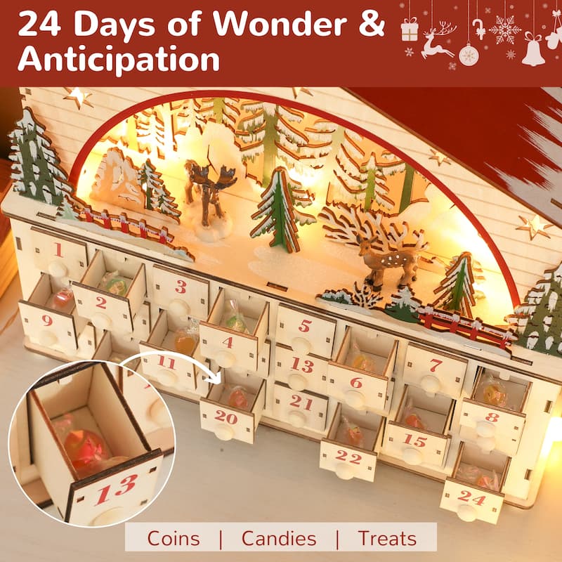 HOMCOM Christmas Advent Calendar with 24 Drawers, Reusable Lighted Wooden Countdown to Christmas Calendar with Village Scene
