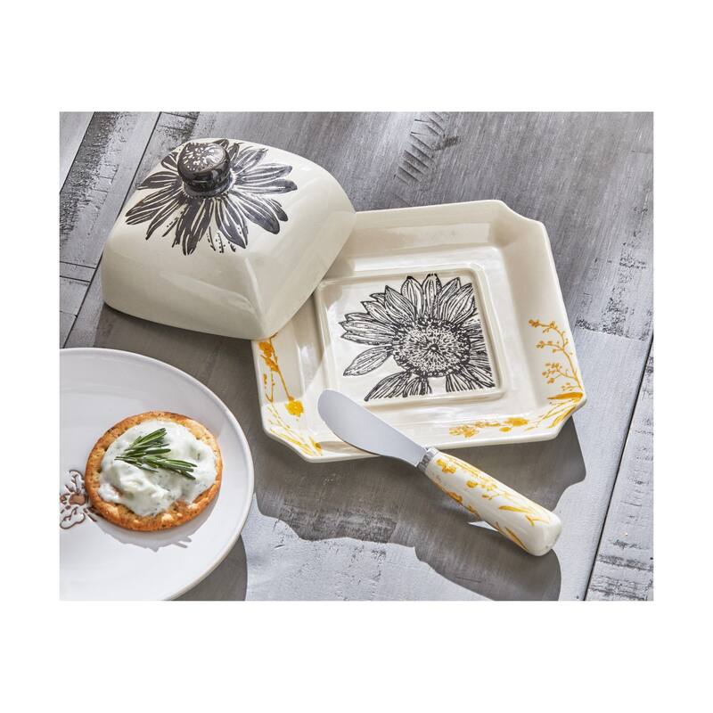 Let It Bee Sunflower Stoneware Butter Dish with Lid and Spreader, 6.6"L x 6.6"W x 4.85"H - Beige