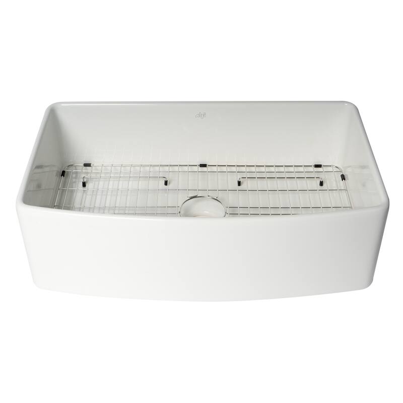 ALFI Brand White Smooth Curved Apron 33" x 20" Single Bowl Fireclay Farm Sink with Grid