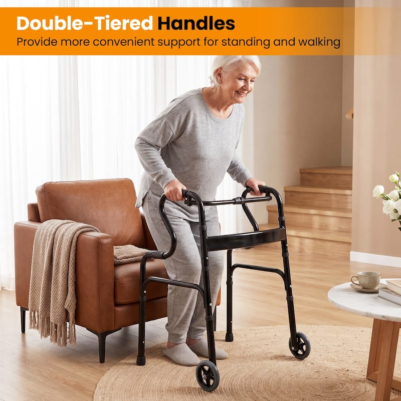 Gymax Heavy-Duty Folding Walker w/Unidirectional Wheels & Armrests