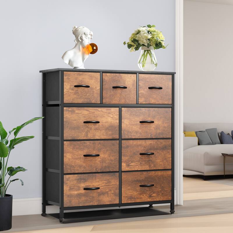 Moasis Rustic Wood-grain Badroom Dresser with Metal Frame, Wooden Top - 9-drawer