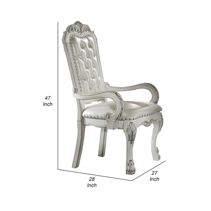 Bone White Faux Leather Executive Office Chair with Tufted Seat, Wood Frame, Claw Feet and Silver Accents