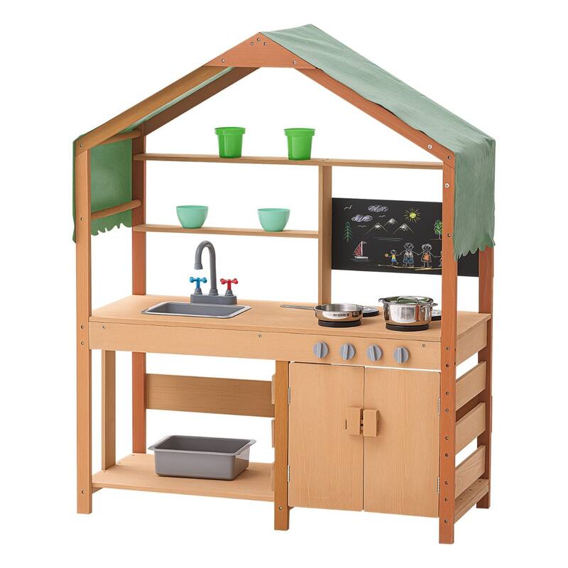 Natural-Green Cedar Wood Kids Mud Kitchen with Sink, Canopy and Accessories - 16.3” D x 40” W x 50” H
