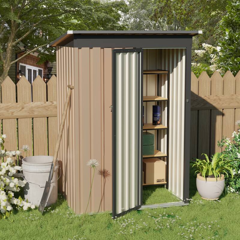 4.27FT x2.42FT Metal Garden Shed with Hinge Door - Black+Brown