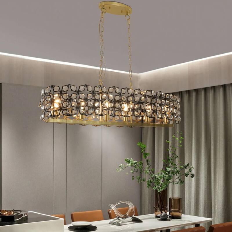 Modern 39.4 in.W Champagne Gold Oval Crystal Ceiling Chandelier - Transparent
