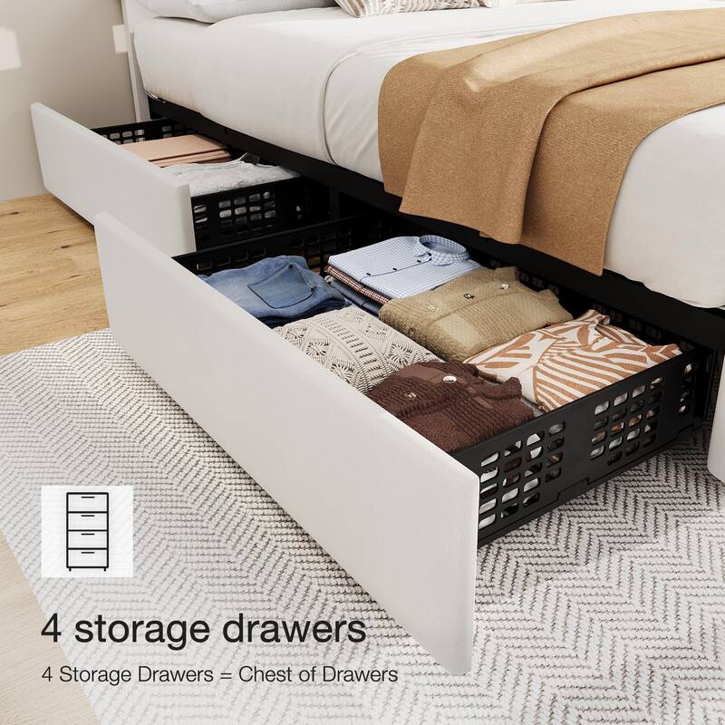 PU Leather Bed Frame with Adjustable Headboard and 4 Storage Drawers