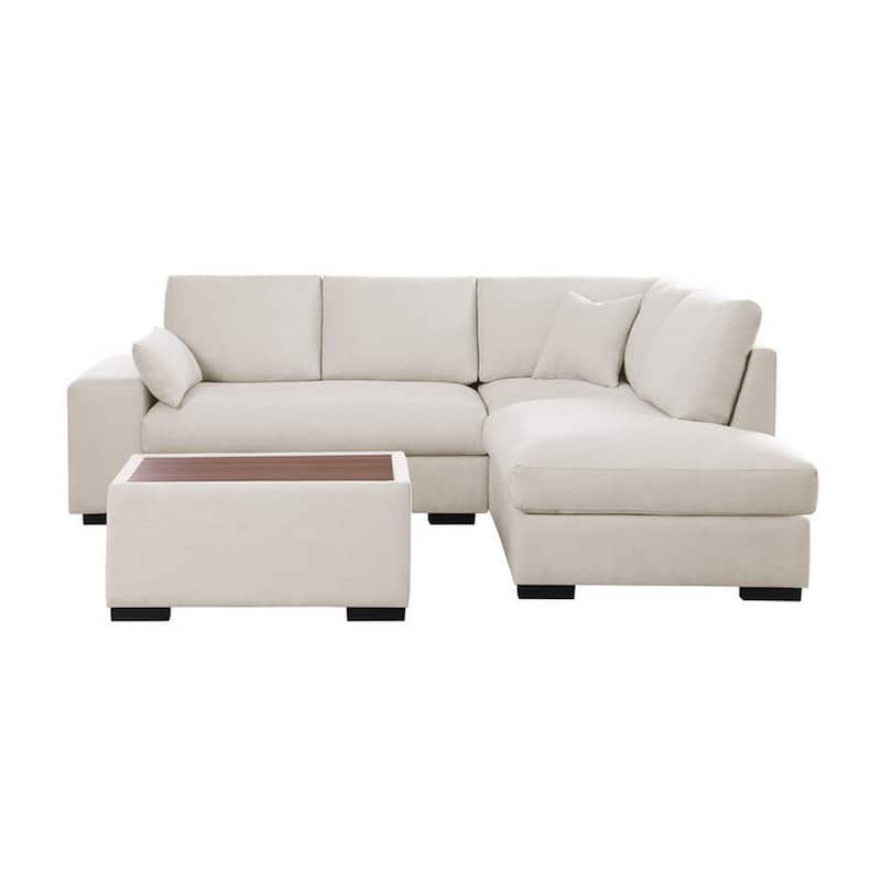 Eri 100 Inch Sectional Sofa, Right Facing Chaise, Ottoman, Pillows, Beige