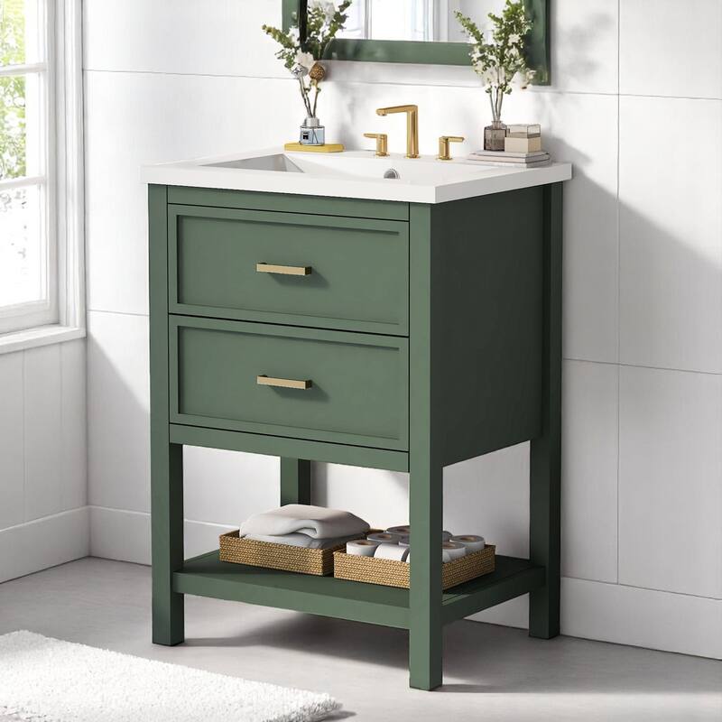 Modern 24 Inch Bathroom Vanity with Sink Combo, White and Gold Finish, 2 Drawers, Freestanding Cabinet