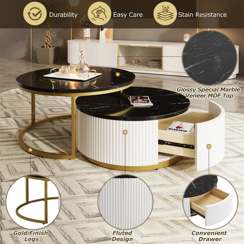 Modern Round Nesting Coffee Table Fluted with Drawer