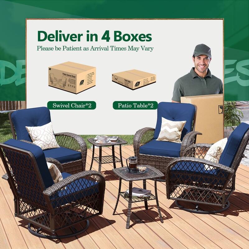 Patio Watcher 6-Piece Brown Wicker 360-Degree Patio Conversation Outdoor Rocking Chair Set with Cushions
