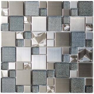 Eden Mosaic Tile: Cobble Steel Silver Glass Metal Tile 11.8 ...