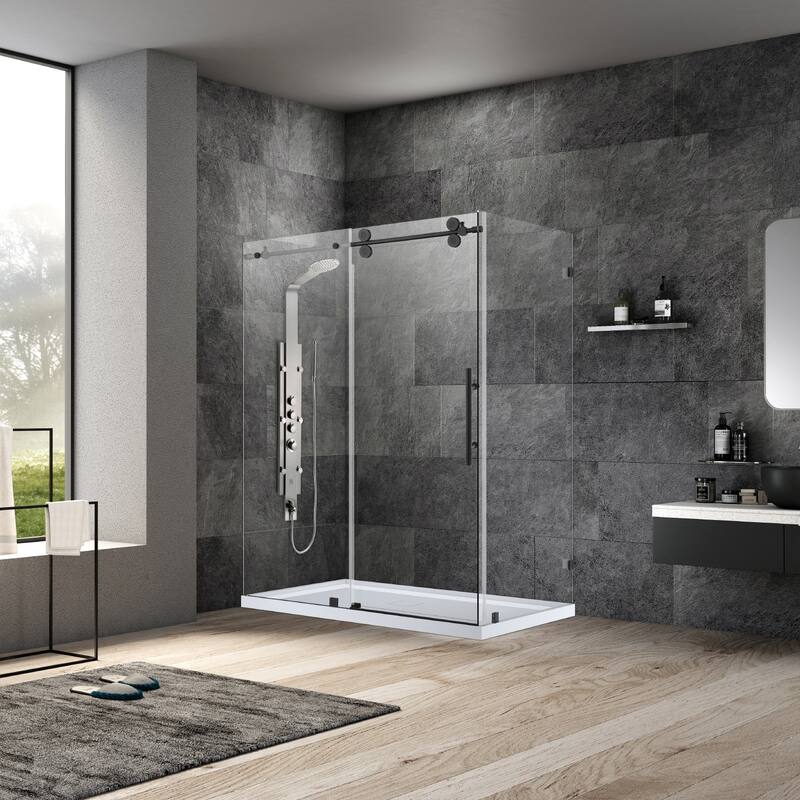 Villena 52" W x 78" H Single Sliding Shower Enclosure,Matt Black - 52 inches