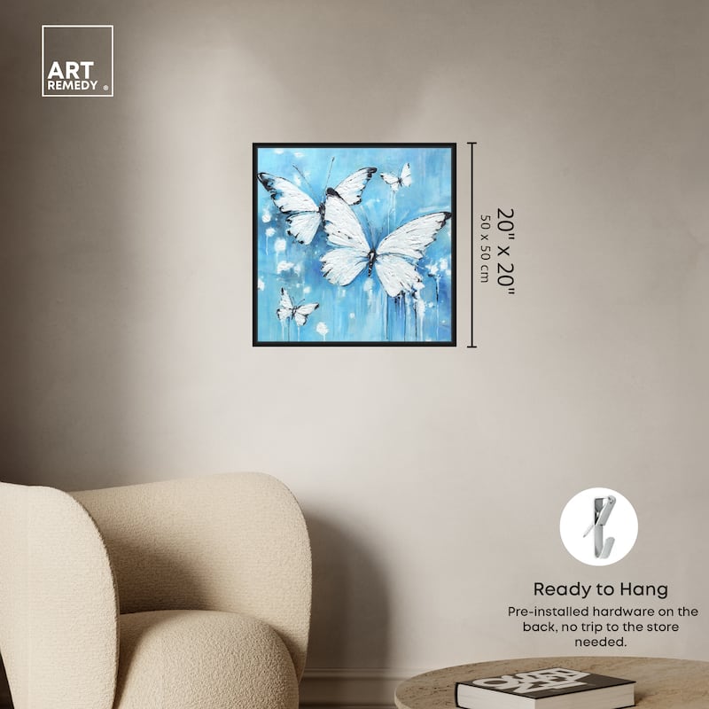 Art Remedy Textured Blue Butterflies Framed Butterfly 1 Piece Canvas Wall Art