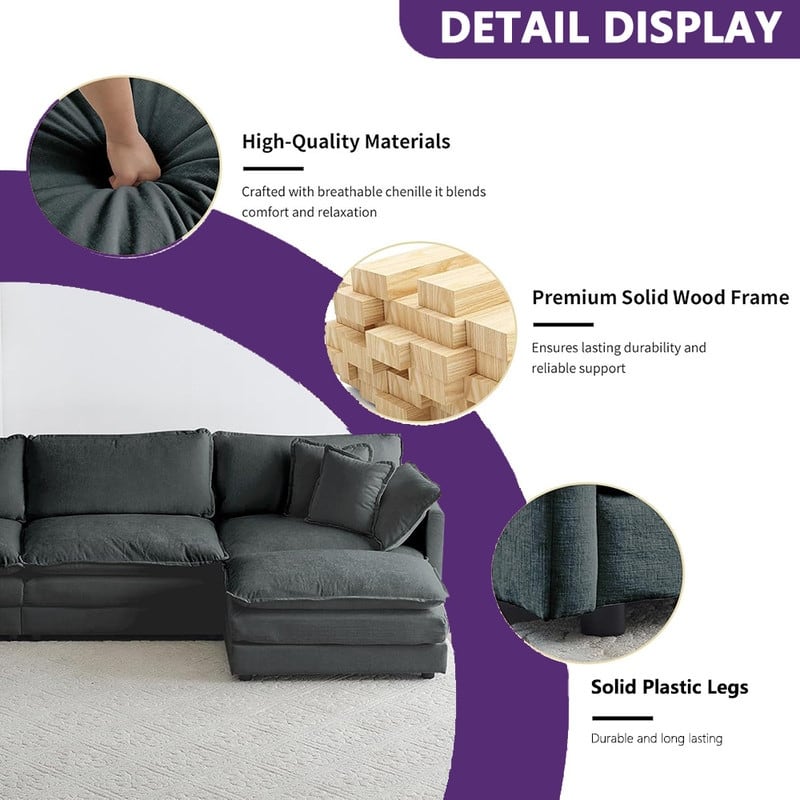 Modern Living Room Set, Upholstered Chenille Sofa with Pillows for Living Room, Chenille