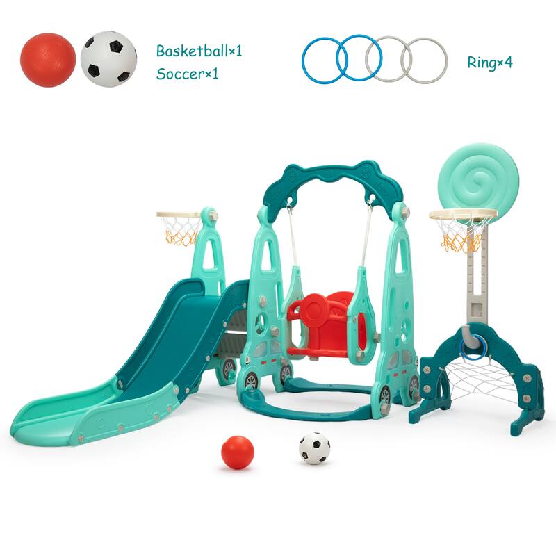5-in-1 Kids Slide with Swing, Basketball Hoop and Toss Ring