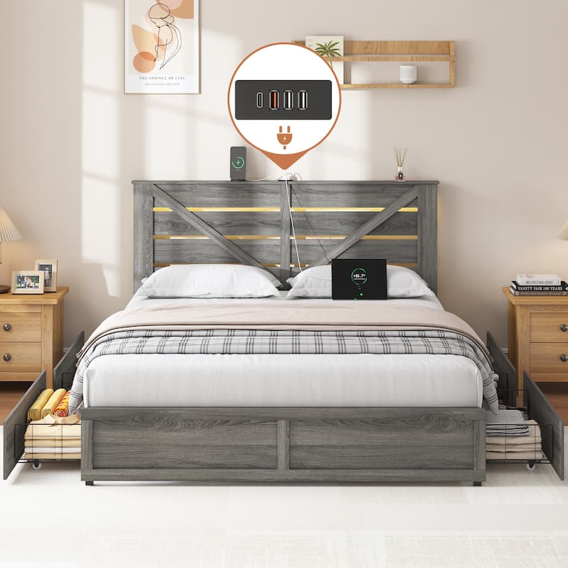 Queen-size Storage Bed Frame with Storage Headboard (4 Storage Drawers on Bed Body + LED Lighting), Sturdy Metal Slat Base, Grey