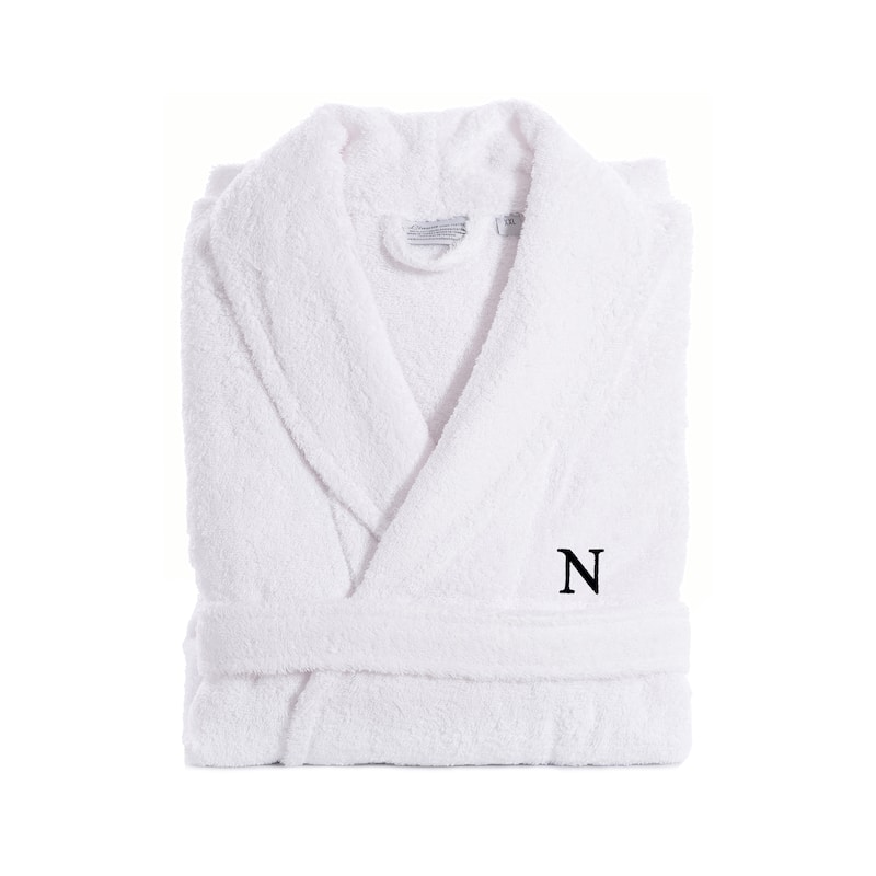 Authentic Hotel and Spa White With Black Monogram Turkish Cotton Unisex Terry Bath Robe - S/M - N