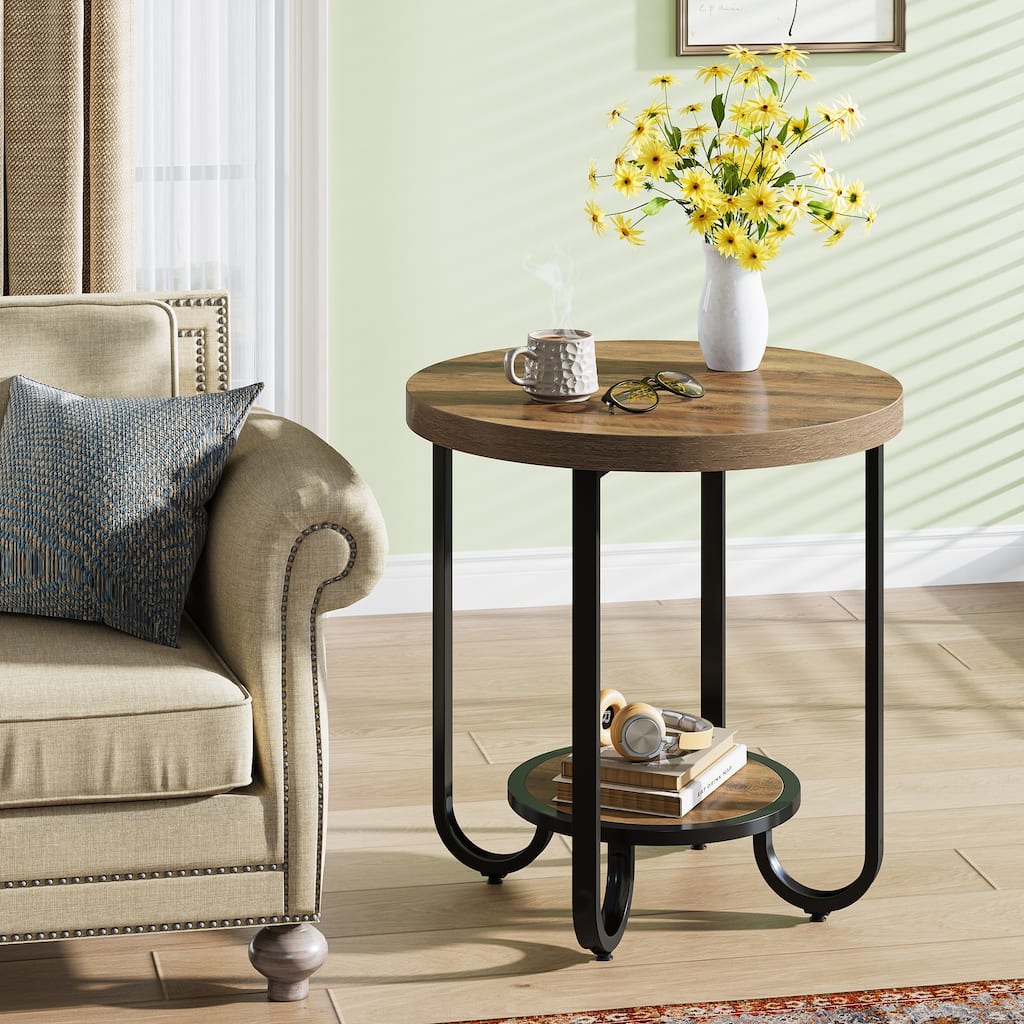 Industrial Wooden Metal Round End Side Table for Living Room