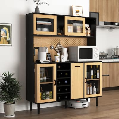 Coffee Bar Cabinet with Wine Rack, Storage Doors & Power Outlet for Home Bar Setup