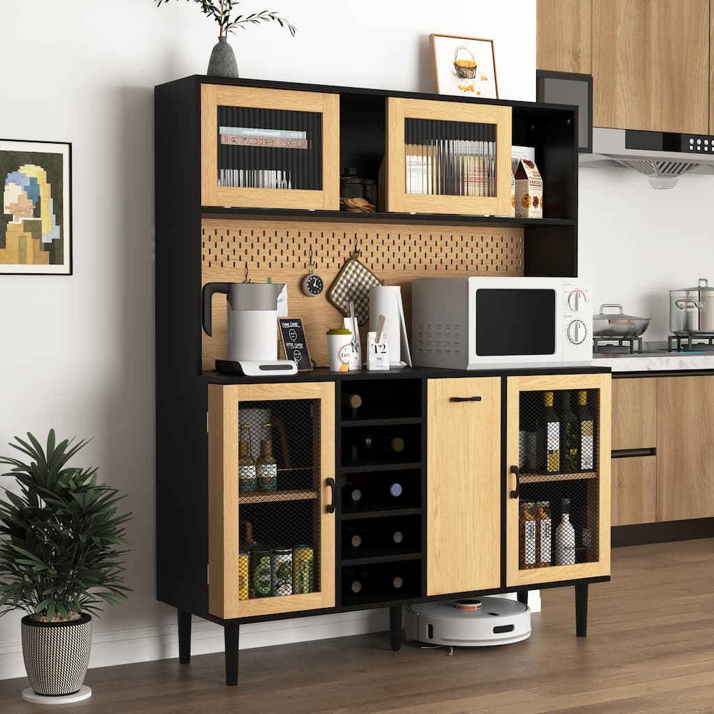 Coffee Bar Cabinet with Wine Rack, Storage Doors & Power Outlet for Home Bar Setup