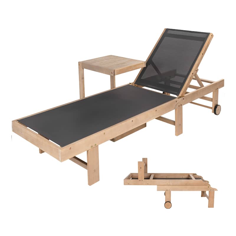 Trabuco Coastal Modern Acacia Wood Mesh 3-Position Outdoor foldable Chaise Lounge Set with Side Table - Light Teak