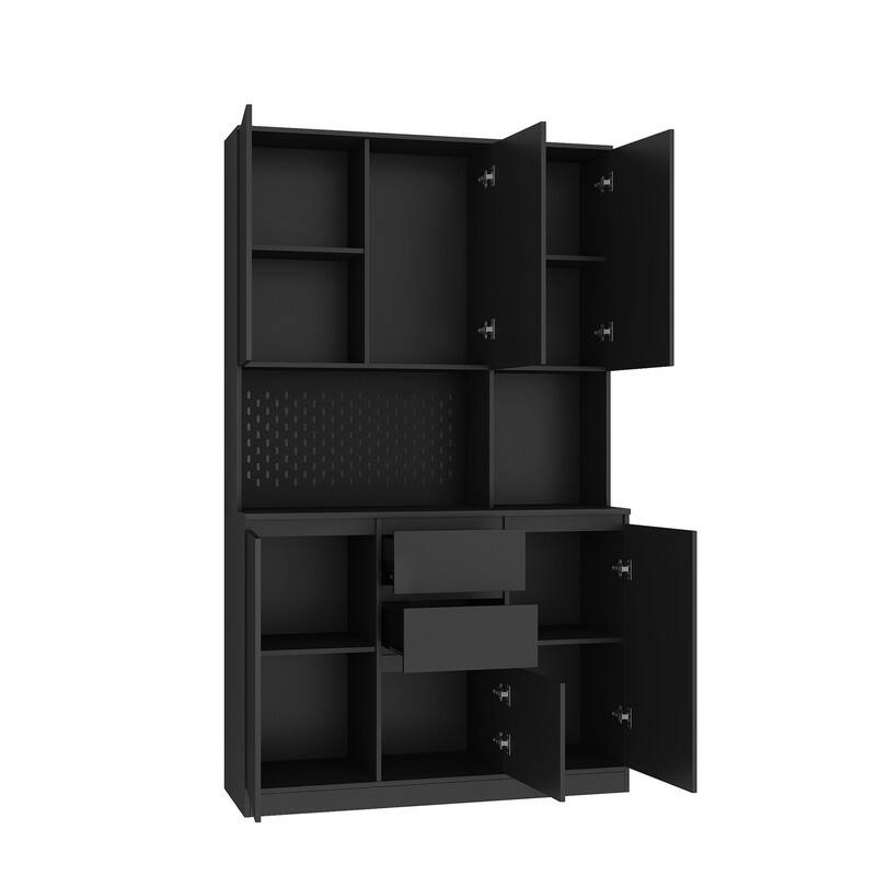 Kitchen Pantry Cabinet with Microwave Stand and 2 Drawers, Freestanding Buffet Cupboards Sideboard with Charging Station