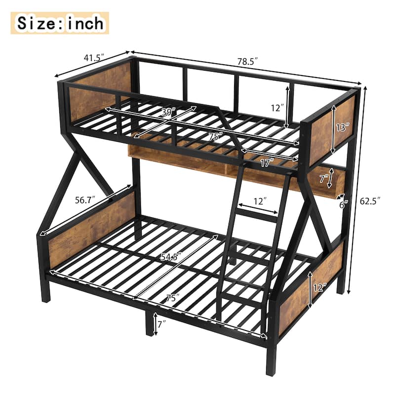 Twin XL over Queen Bunk Bed with Storage Shelves, Lights and Noise-Free Design